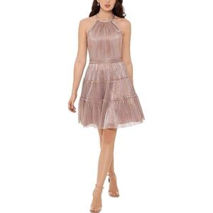 Xscape Rose Gold Pink Metallic Tiered Sleeveless Halter Mini Dress Cocktail 4